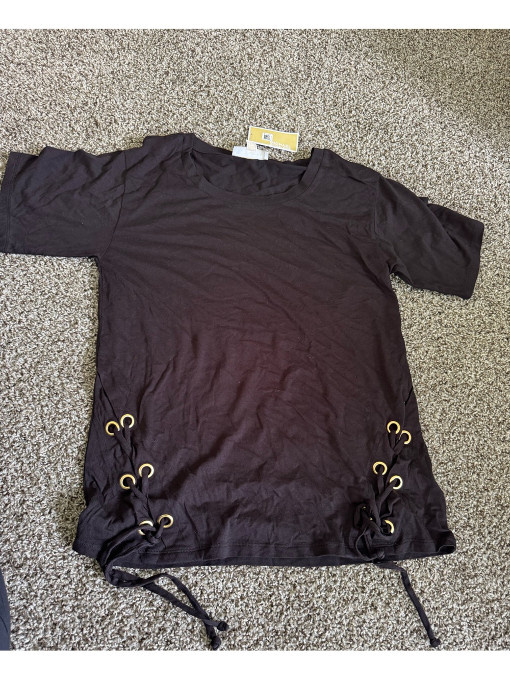 Michael Kors Black Short Sleeve Tee with Gold Eyelet Detail